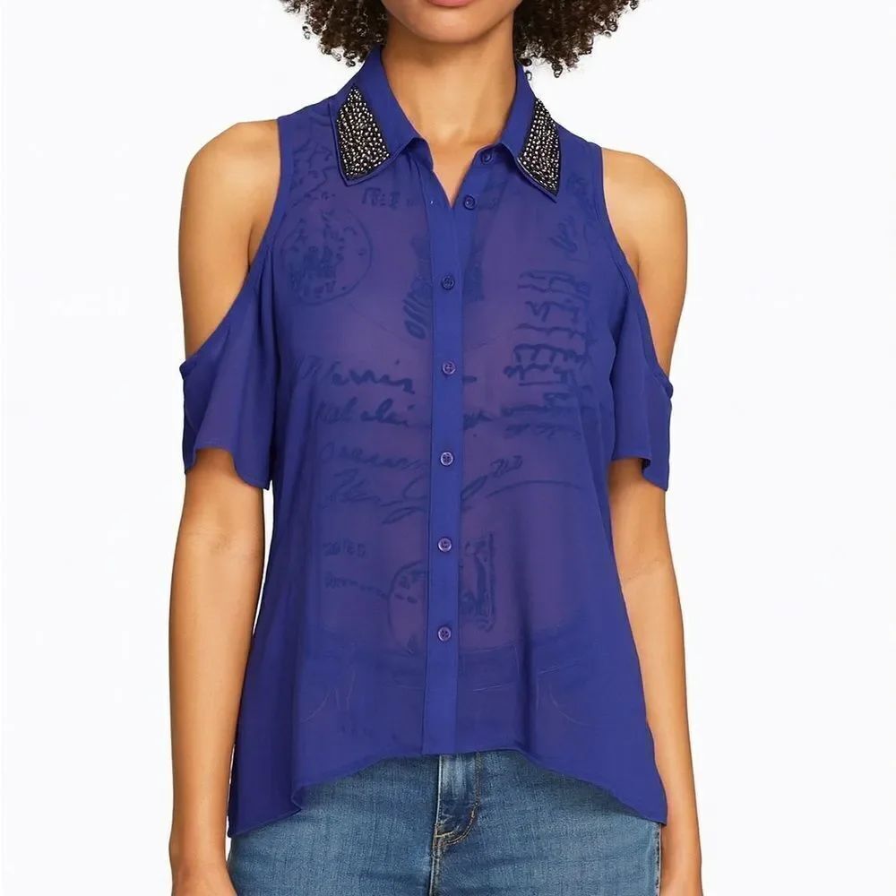 Cold Shoulder Sheer Top with Beaded Collar Size Small